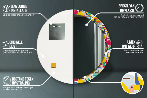 Miroir rond cadre avec impression Oiseaux tropicaux géométriques