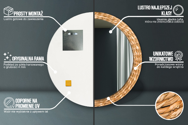 Miroir rond cadre avec impression Texture de roseau