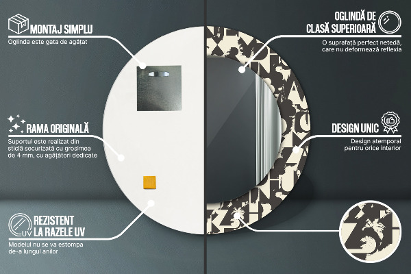 Miroir rond cadre avec impression Typographie abstraite