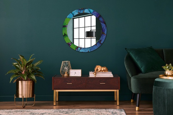 Miroir rond avec décoration Papillon bleu et vert