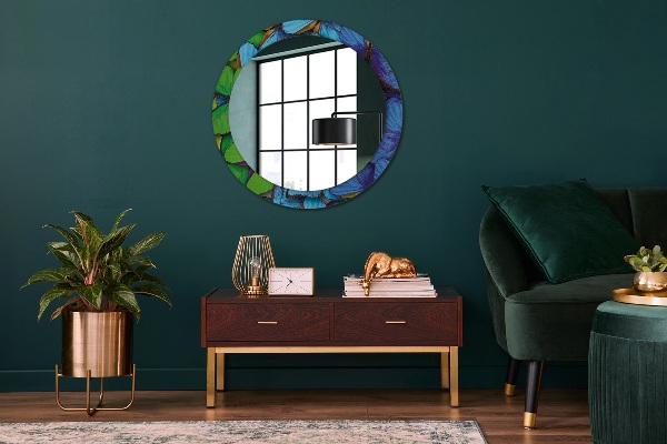 Miroir rond avec décoration Papillon bleu et vert