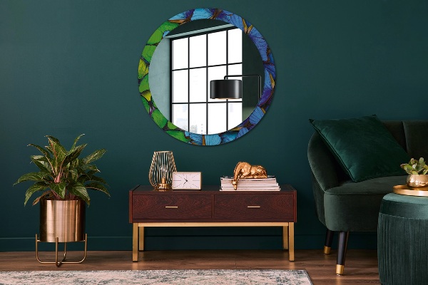 Miroir rond avec décoration Papillon bleu et vert