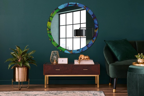 Miroir rond avec décoration Papillon bleu et vert