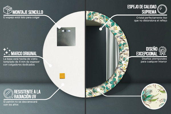 Miroir rond avec décoration Fleurs et oiseaux
