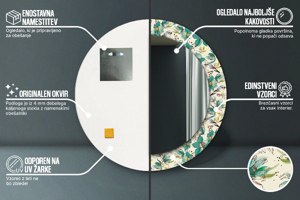 Miroir rond avec décoration Fleurs et oiseaux
