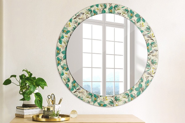 Miroir rond avec décoration Fleurs et oiseaux
