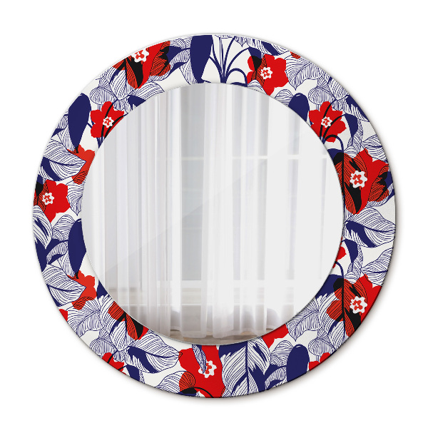 Miroir rond imprimé Filodendron et fleurs rouges