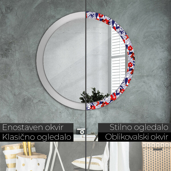 Miroir rond imprimé Filodendron et fleurs rouges