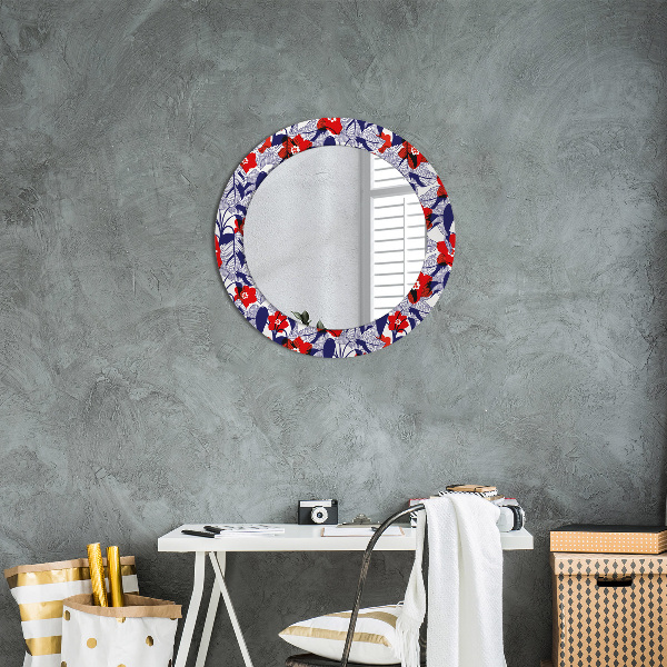 Miroir rond imprimé Filodendron et fleurs rouges