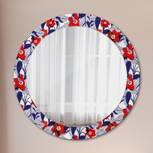 Miroir rond imprimé Filodendron et fleurs rouges