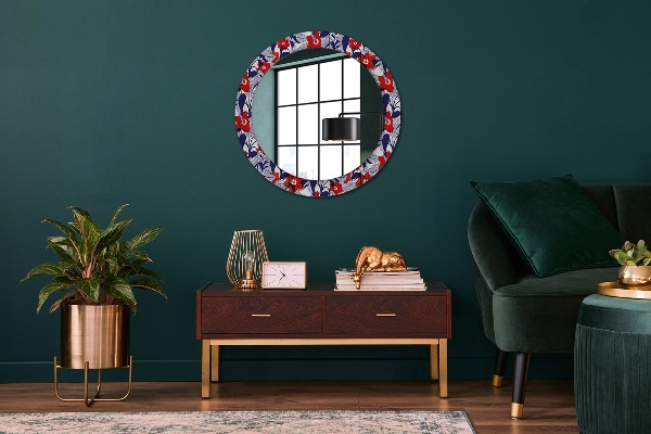 Miroir rond imprimé Filodendron et fleurs rouges