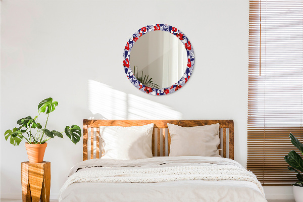 Miroir rond imprimé Filodendron et fleurs rouges