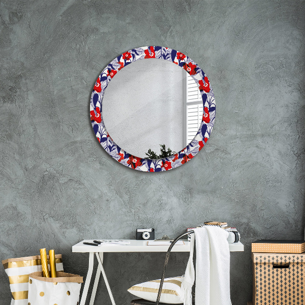 Miroir rond imprimé Filodendron et fleurs rouges
