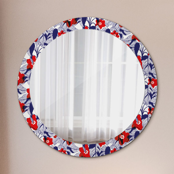 Miroir rond imprimé Filodendron et fleurs rouges