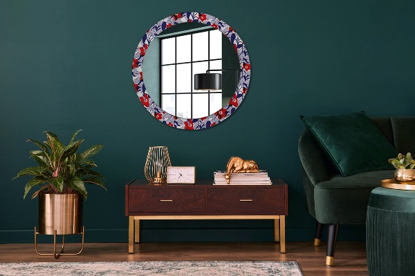 Miroir rond imprimé Filodendron et fleurs rouges