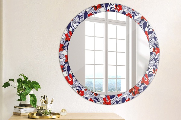 Miroir rond imprimé Filodendron et fleurs rouges