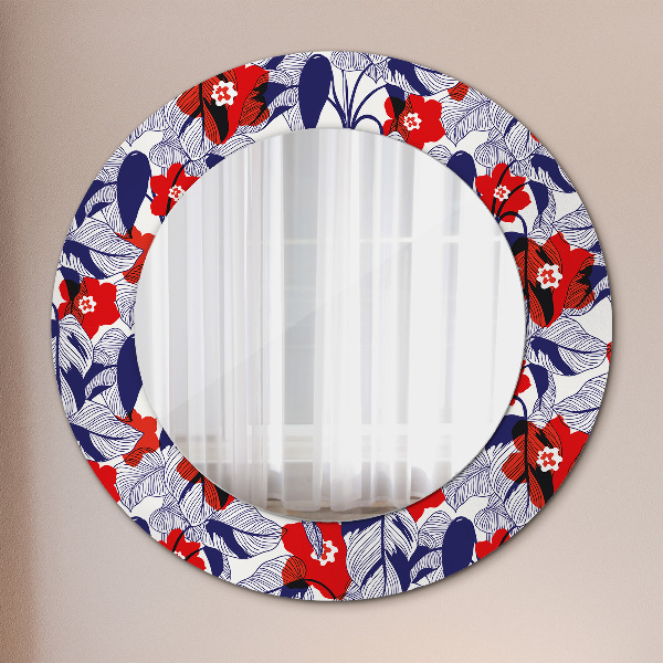 Miroir rond imprimé Filodendron et fleurs rouges