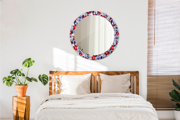 Miroir rond imprimé Filodendron et fleurs rouges