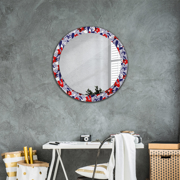 Miroir rond imprimé Filodendron et fleurs rouges