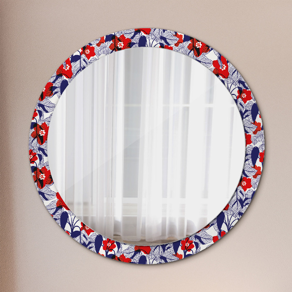 Miroir rond imprimé Filodendron et fleurs rouges