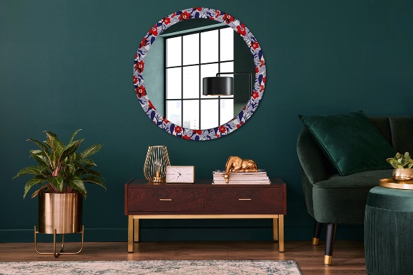Miroir rond imprimé Filodendron et fleurs rouges