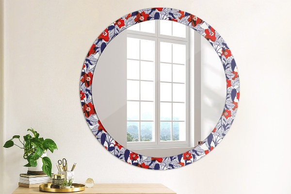 Miroir rond imprimé Filodendron et fleurs rouges
