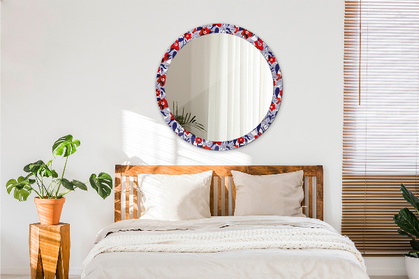Miroir rond imprimé Filodendron et fleurs rouges