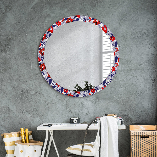 Miroir rond imprimé Filodendron et fleurs rouges