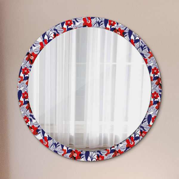 Miroir rond imprimé Filodendron et fleurs rouges