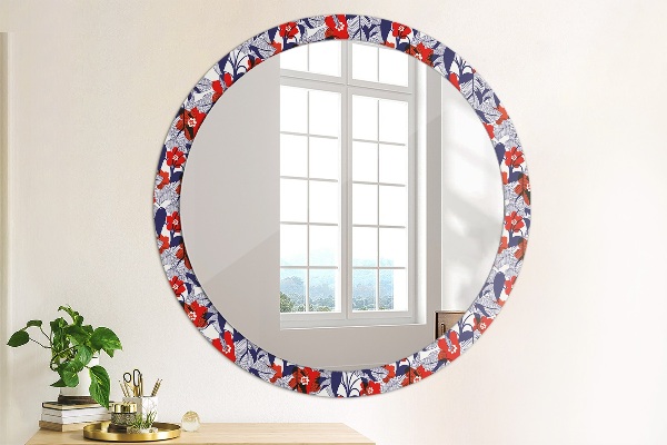 Miroir rond imprimé Filodendron et fleurs rouges