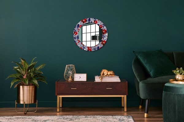 Miroir rond imprimé Filodendron et fleurs rouges