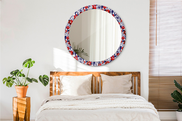 Miroir rond imprimé Filodendron et fleurs rouges