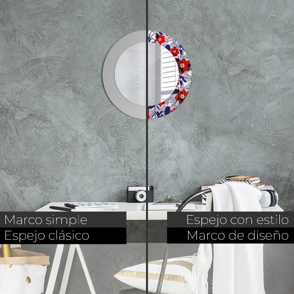 Miroir rond imprimé Filodendron et fleurs rouges