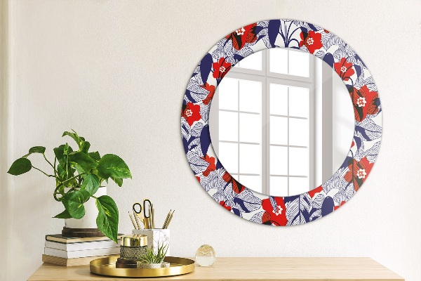 Miroir rond imprimé Filodendron et fleurs rouges