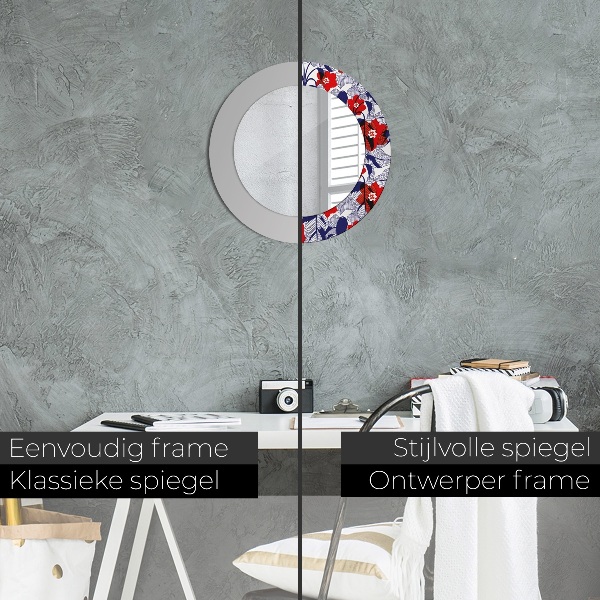 Miroir rond imprimé Filodendron et fleurs rouges