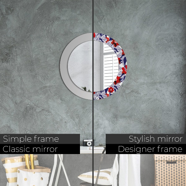 Miroir rond imprimé Filodendron et fleurs rouges
