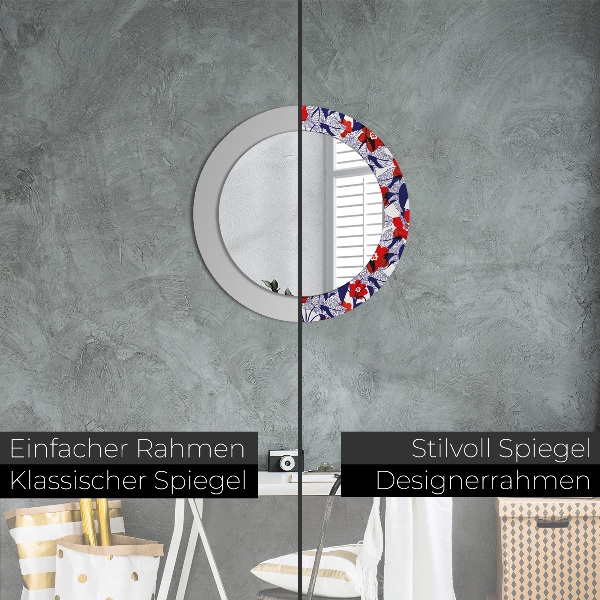 Miroir rond imprimé Filodendron et fleurs rouges