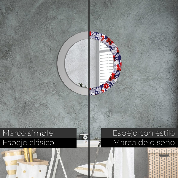 Miroir rond imprimé Filodendron et fleurs rouges
