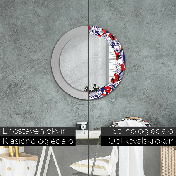 Miroir rond imprimé Filodendron et fleurs rouges