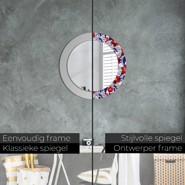 Miroir rond imprimé Filodendron et fleurs rouges