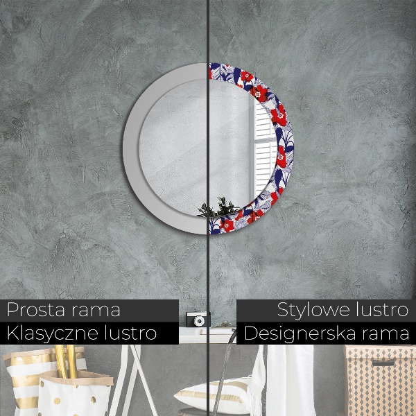 Miroir rond imprimé Filodendron et fleurs rouges