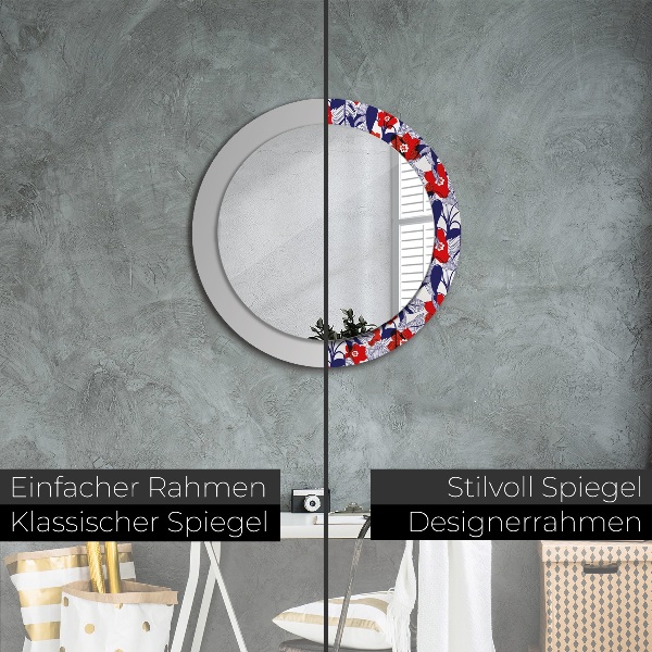 Miroir rond imprimé Filodendron et fleurs rouges