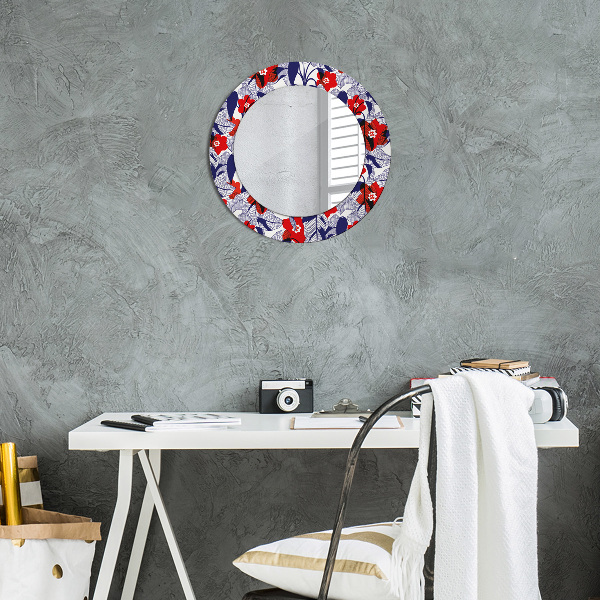 Miroir rond imprimé Filodendron et fleurs rouges