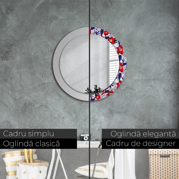 Miroir rond imprimé Filodendron et fleurs rouges