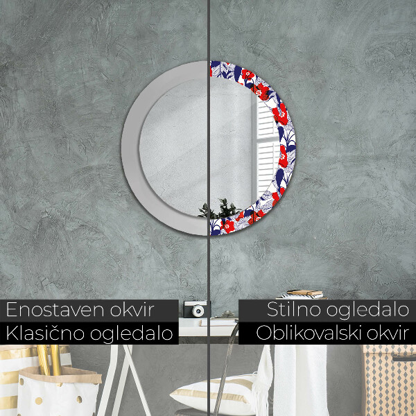 Miroir rond imprimé Filodendron et fleurs rouges