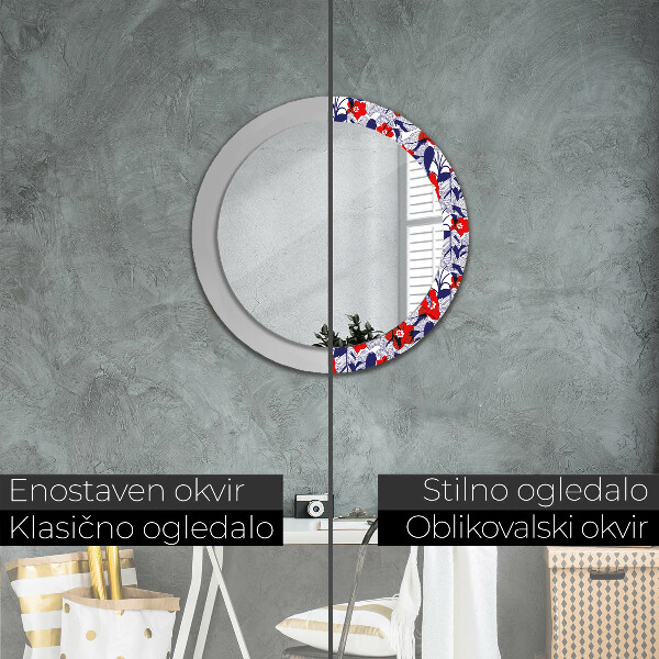 Miroir rond imprimé Filodendron et fleurs rouges