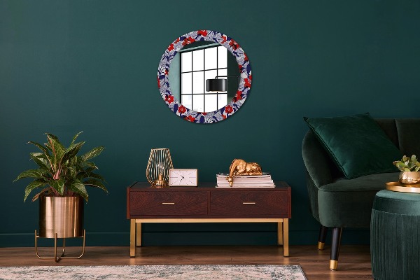 Miroir rond imprimé Filodendron et fleurs rouges