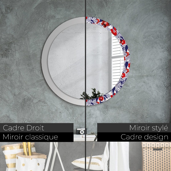 Miroir rond imprimé Filodendron et fleurs rouges