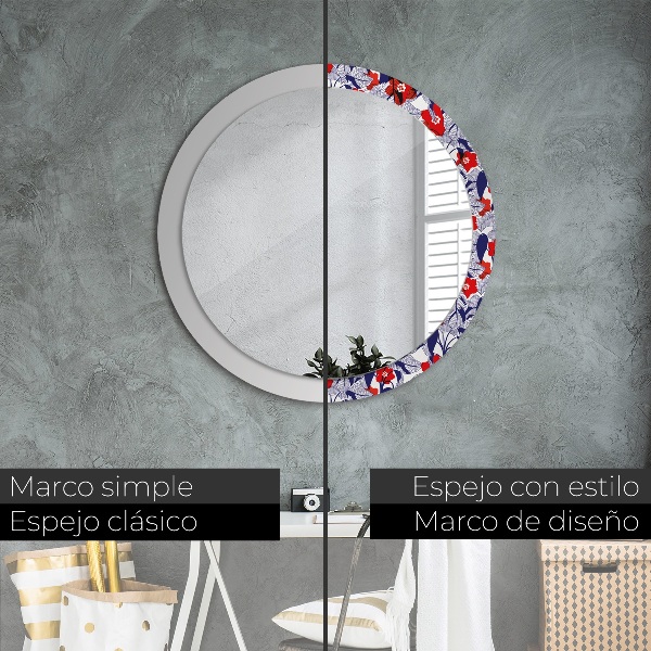 Miroir rond imprimé Filodendron et fleurs rouges