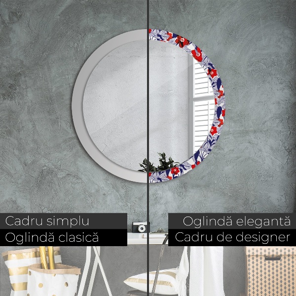 Miroir rond imprimé Filodendron et fleurs rouges
